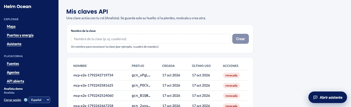 Pantalla de claves API: campo para crear una clave y listado vacío